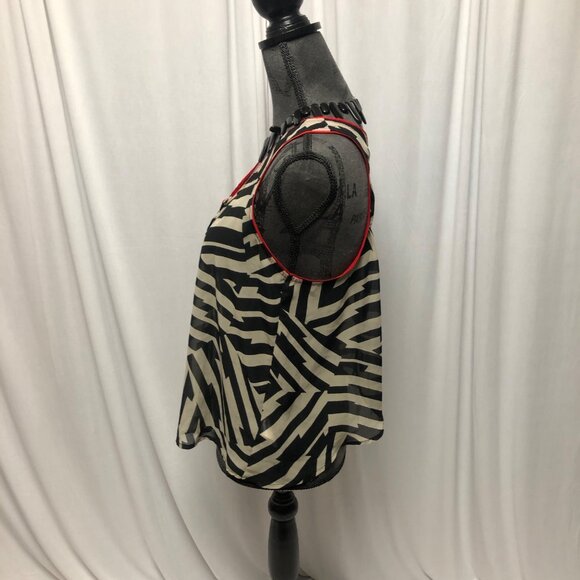 Mind Code Blouse Womens Size Medium Black Gray Red Sheer Crossover Back Artsy - Picture 3 of 6